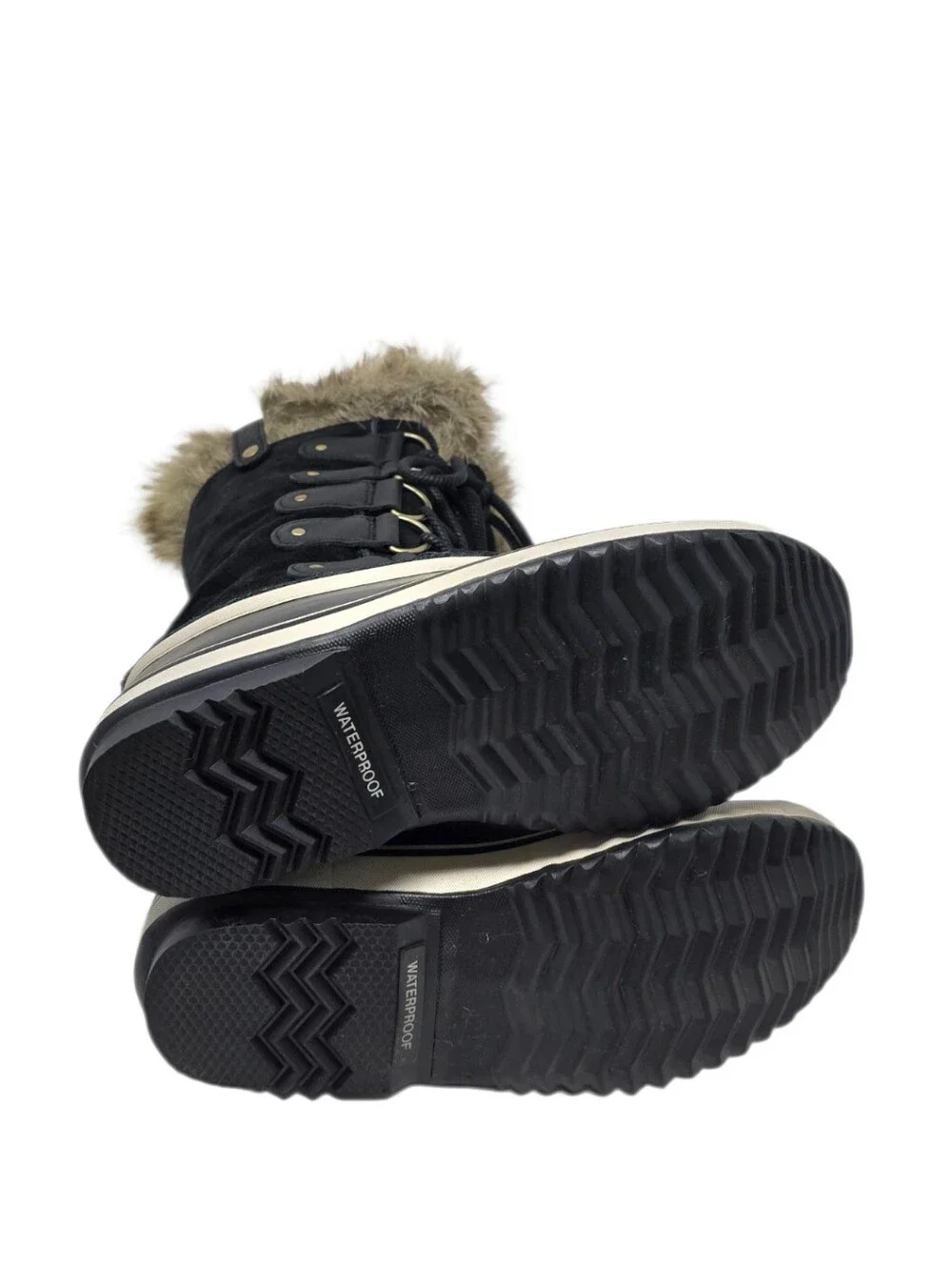 Sorel Joan Of Arctic Winter Boots Faux Fur Trim Lining Black & Tan Women's 8